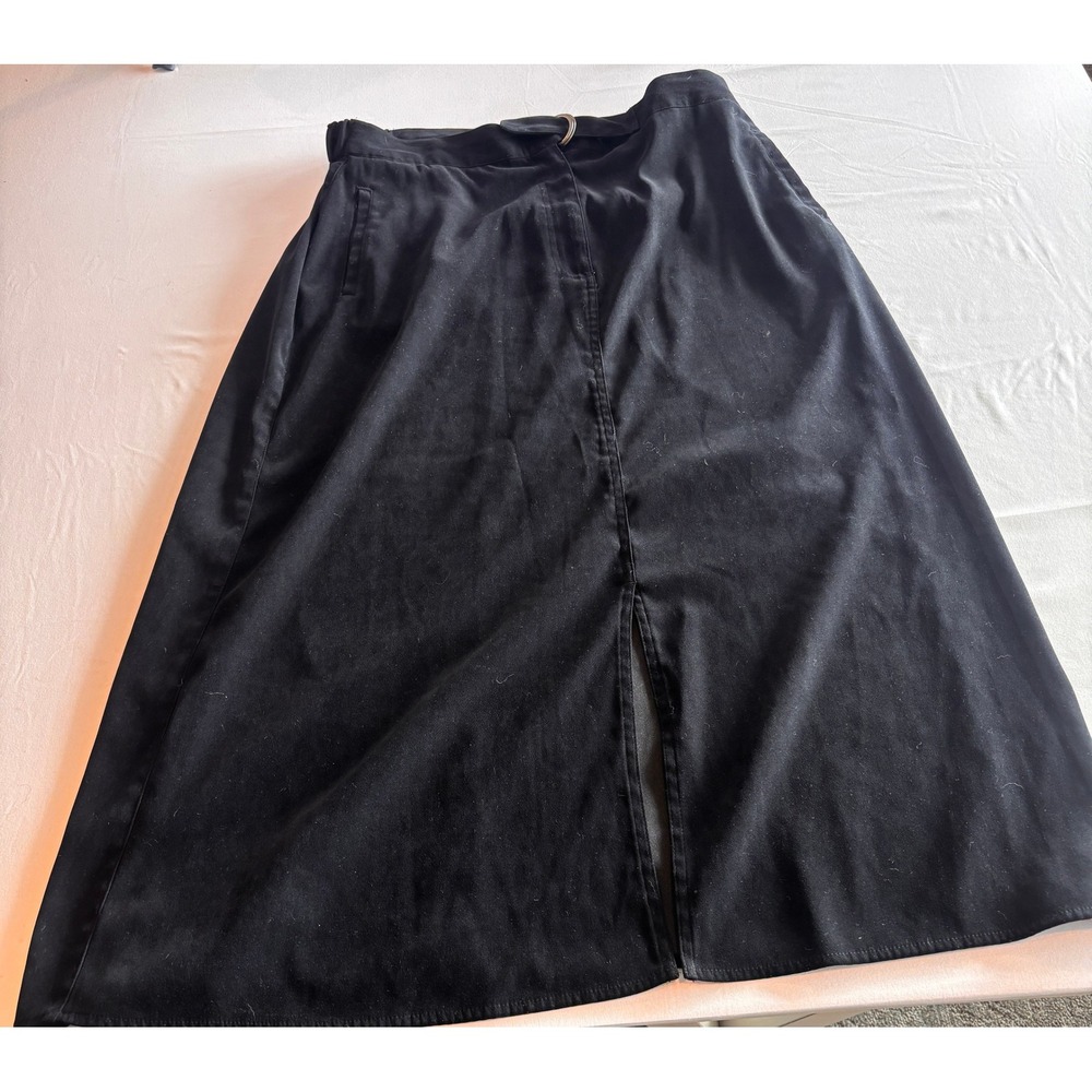 Denim & Co Black Midi Skirt XL D-Ring Belt Front Slit Elastic Waist Pockets